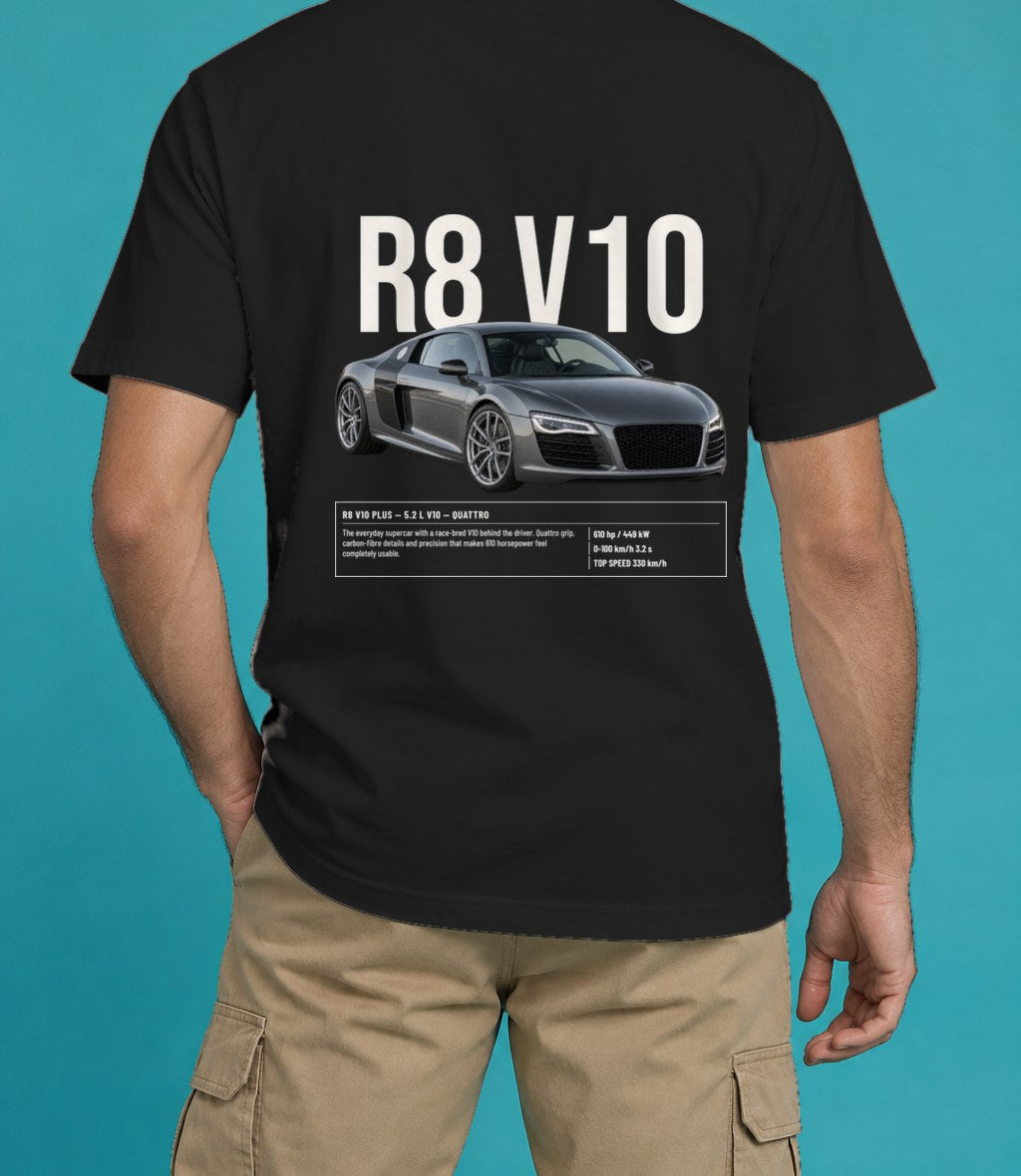 Audi R8 V10 Plus T-Shirt in Black, back view, worn by a model