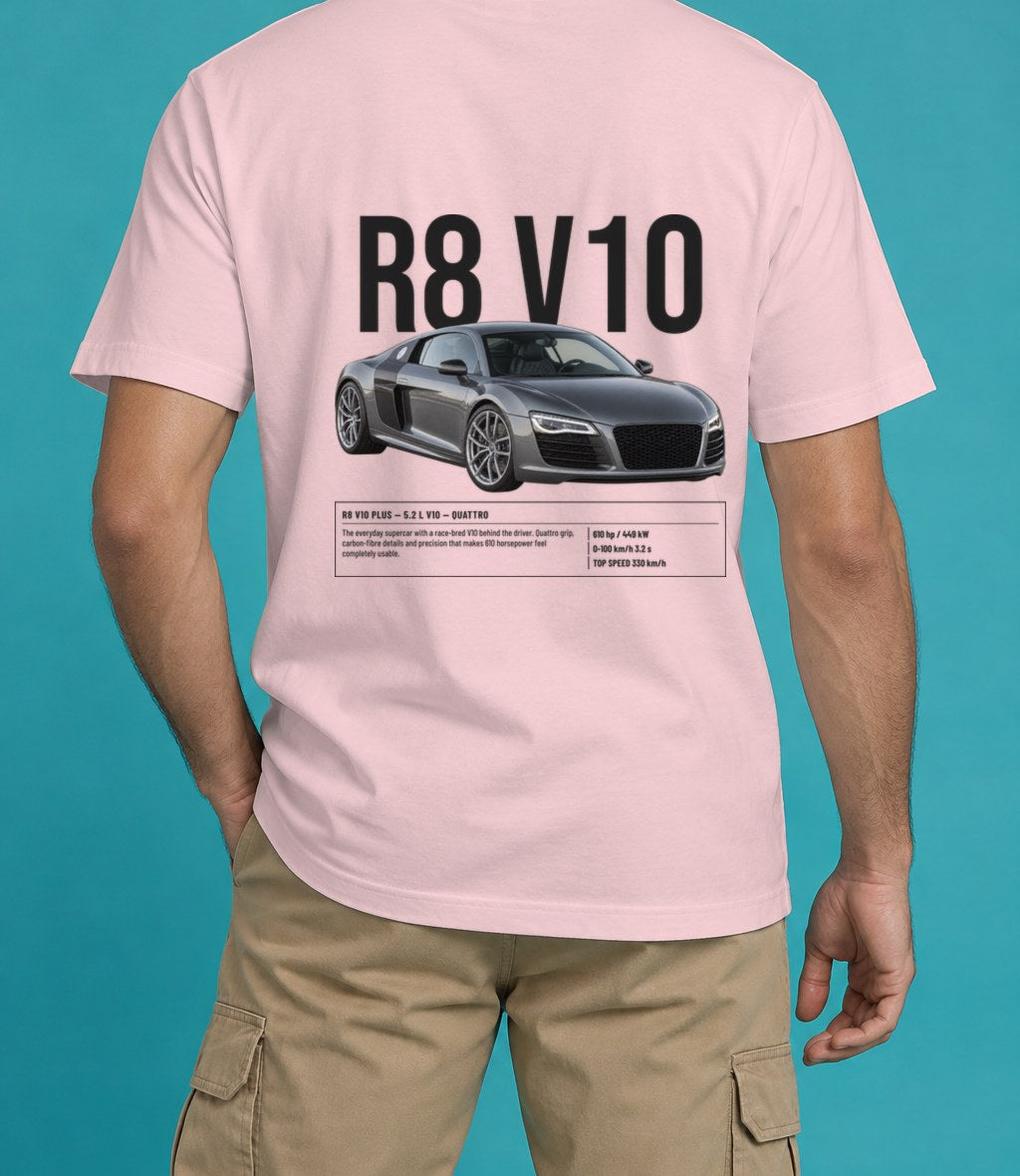Audi R8 V10 Plus T-Shirt in Blossom, back view, worn by a model