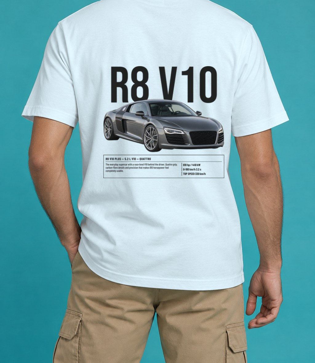 Audi R8 V10 Plus T-Shirt in Chambray, back view, worn by a model