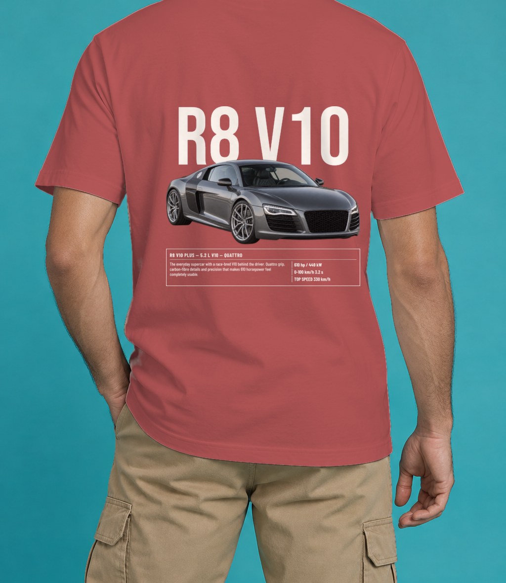 Audi R8 V10 Plus T-Shirt in Crimson, back view, worn by a model