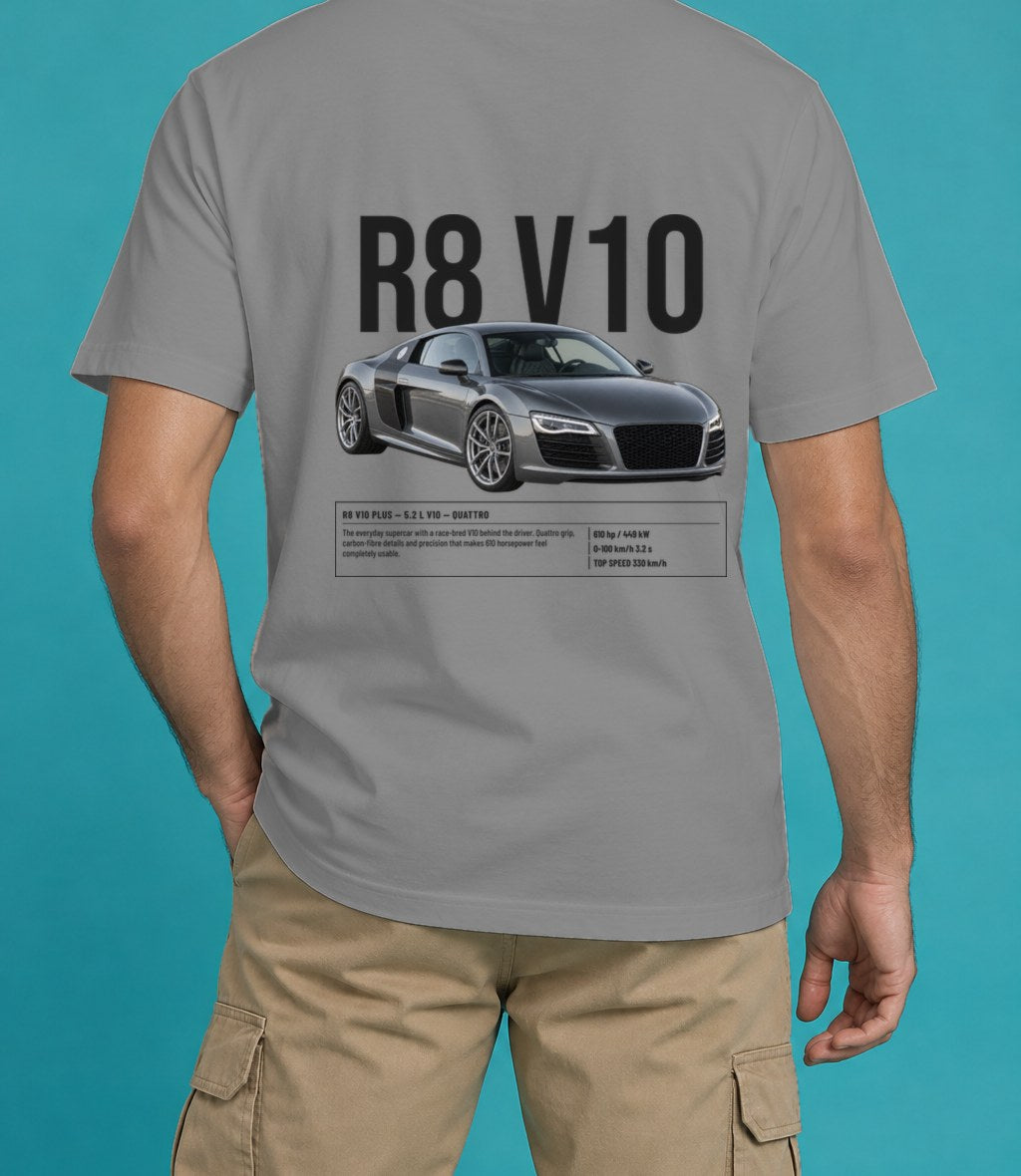 Audi R8 V10 Plus T-Shirt in Grey, back view, worn by a model