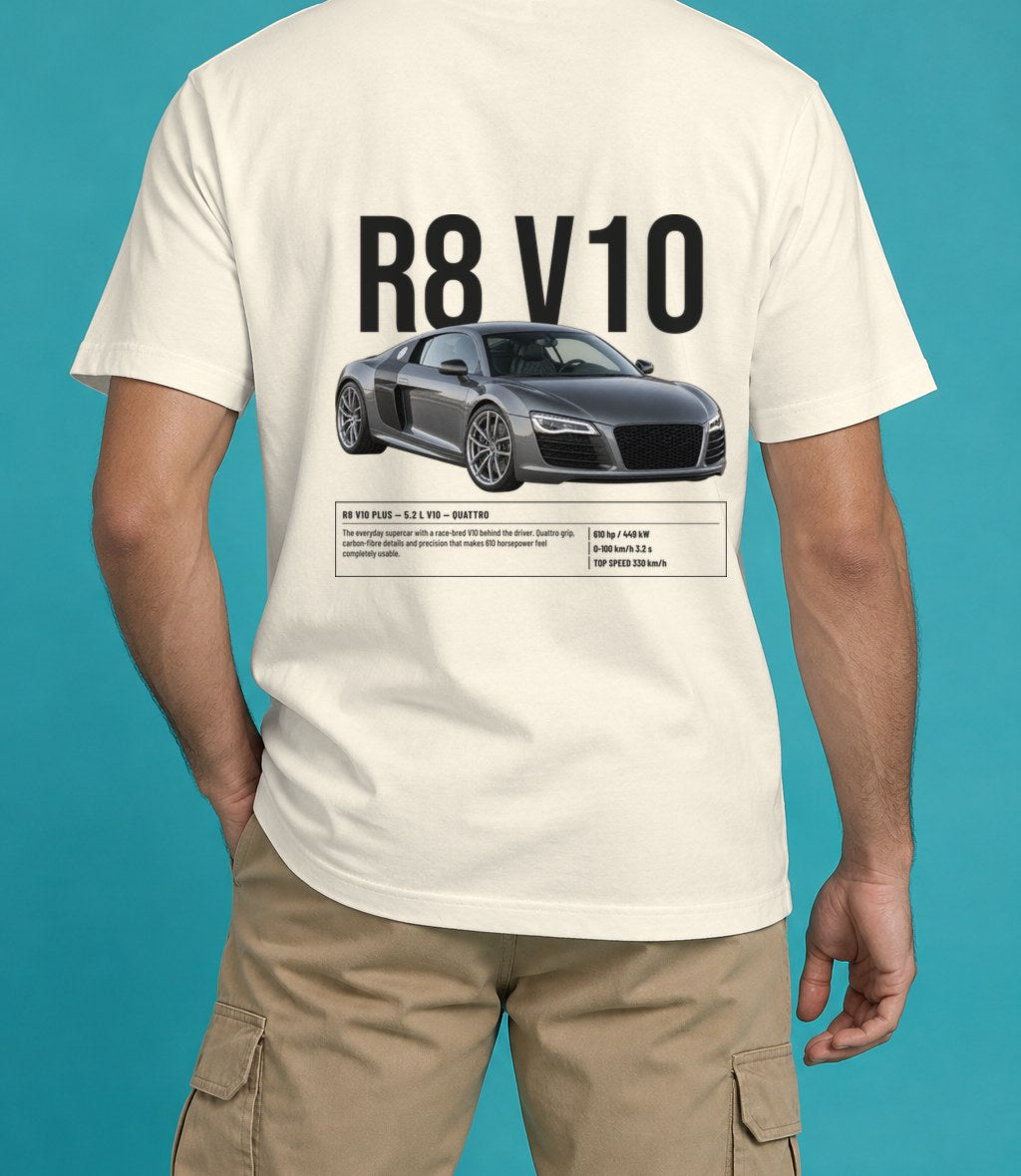 Audi R8 V10 Plus T-Shirt in Ivory, back view, worn by a model