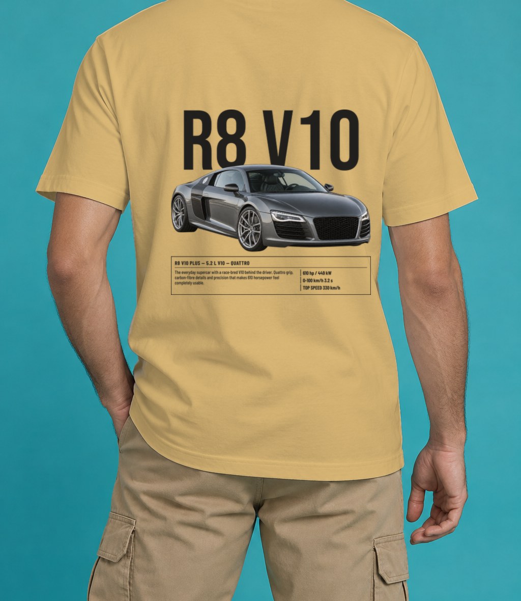 Audi R8 V10 Plus T-Shirt in Mustard, back view, worn by a model