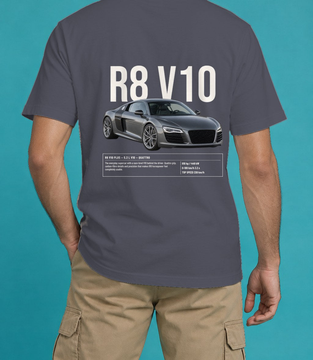 Audi R8 V10 Plus T-Shirt in Navy, back view, worn by a model