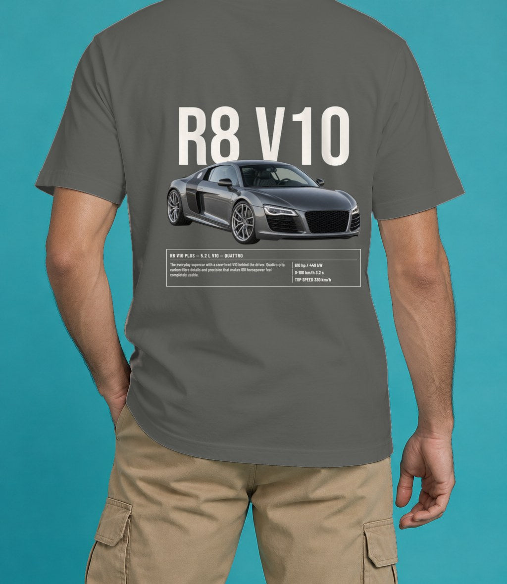 Audi R8 V10 Plus T-Shirt in Pepper, back view, worn by a model