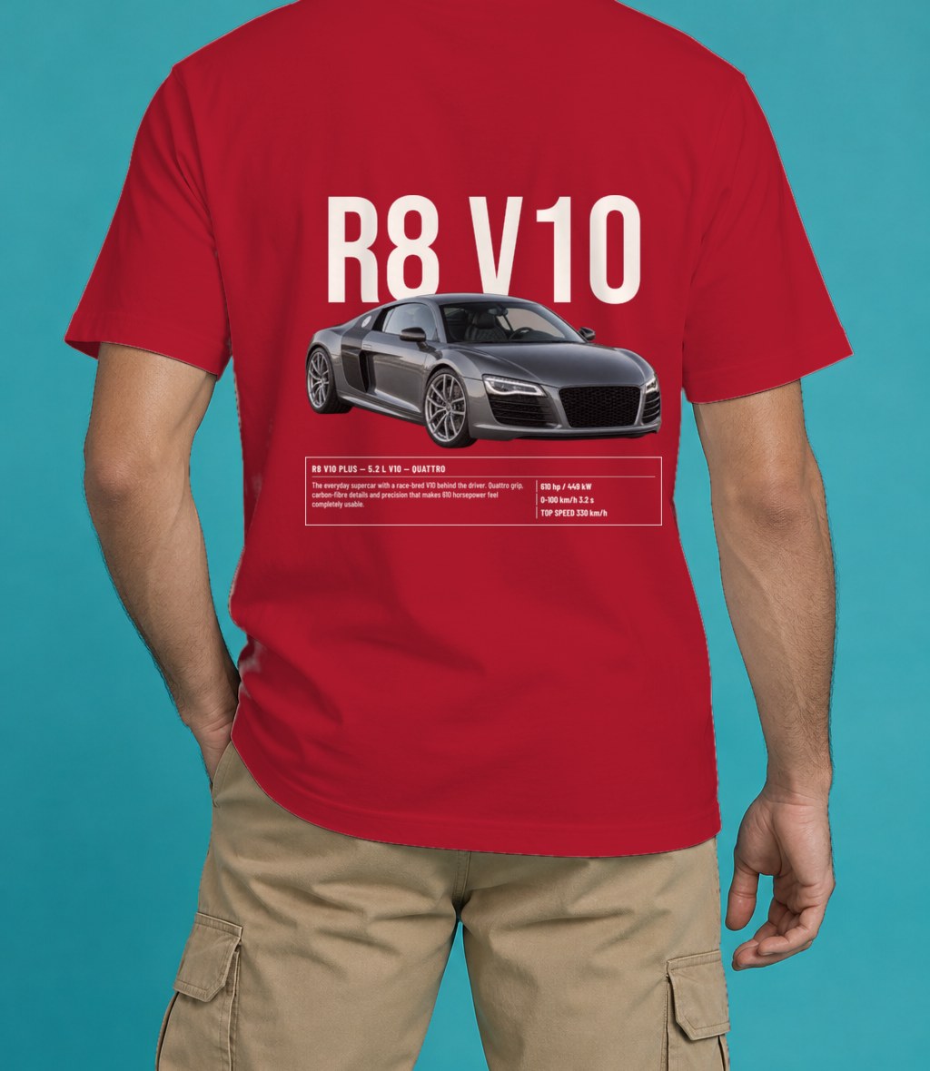 Audi R8 V10 Plus T-Shirt in Red, back view, worn by a model