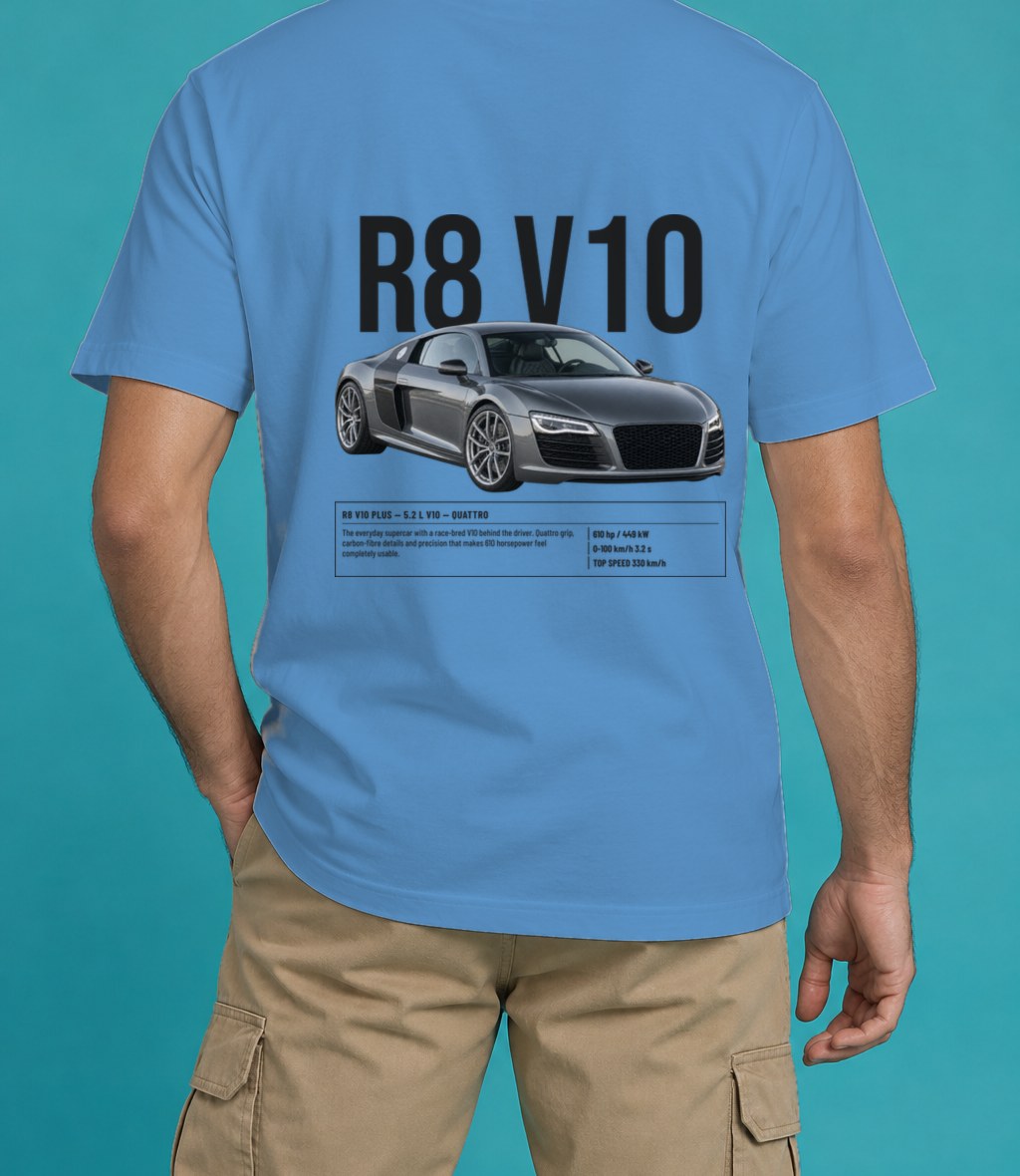 Audi R8 V10 Plus T-Shirt in Royal Caribe, back view, worn by a model
