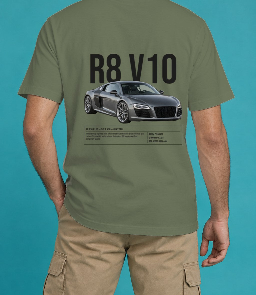 Audi R8 V10 Plus T-Shirt in Sage, back view, worn by a model