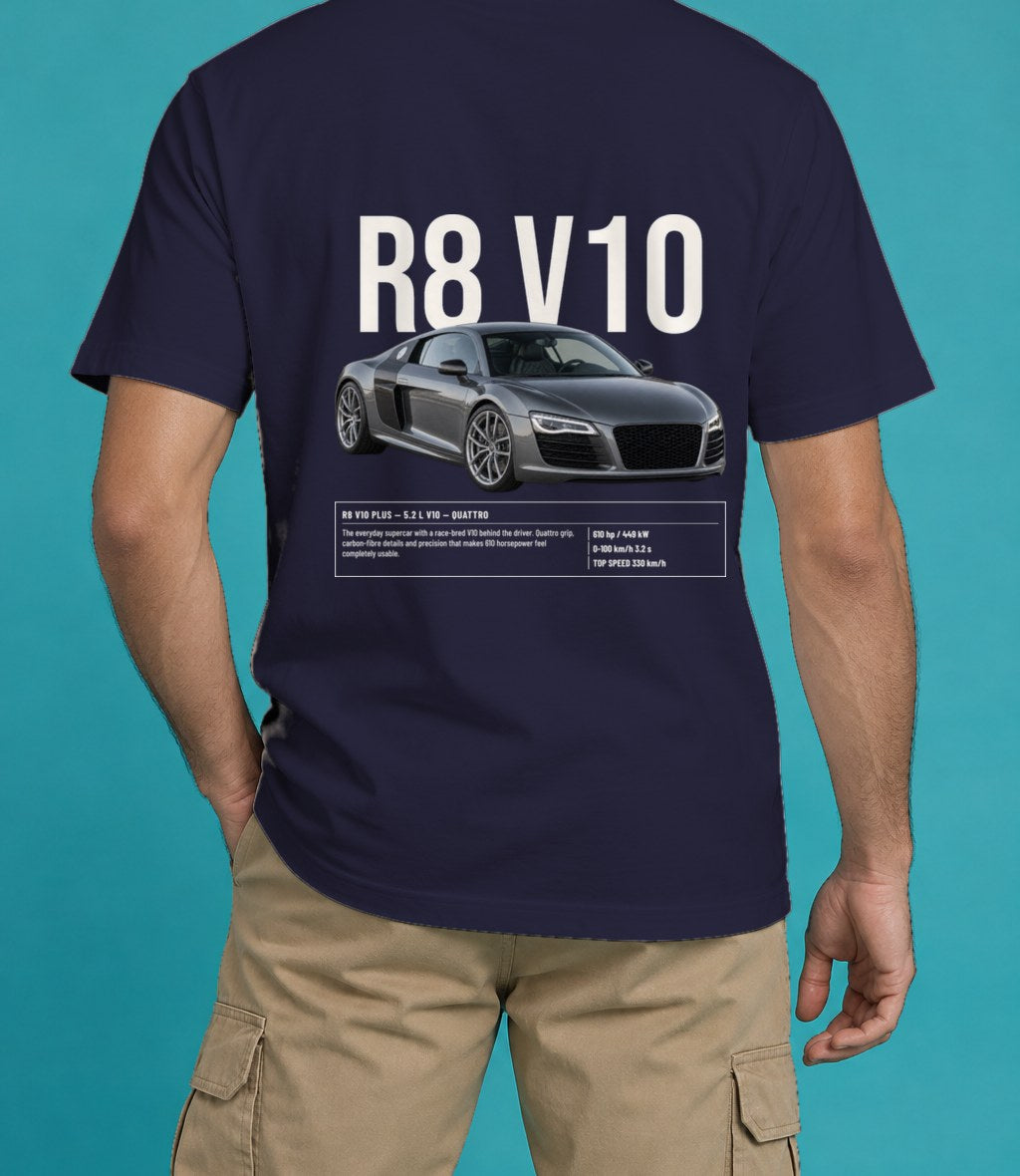 Audi R8 V10 Plus T-Shirt in True Navy, back view, worn by a model