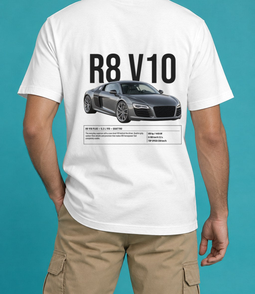 Audi R8 V10 Plus T-Shirt in White, back view, worn by a model