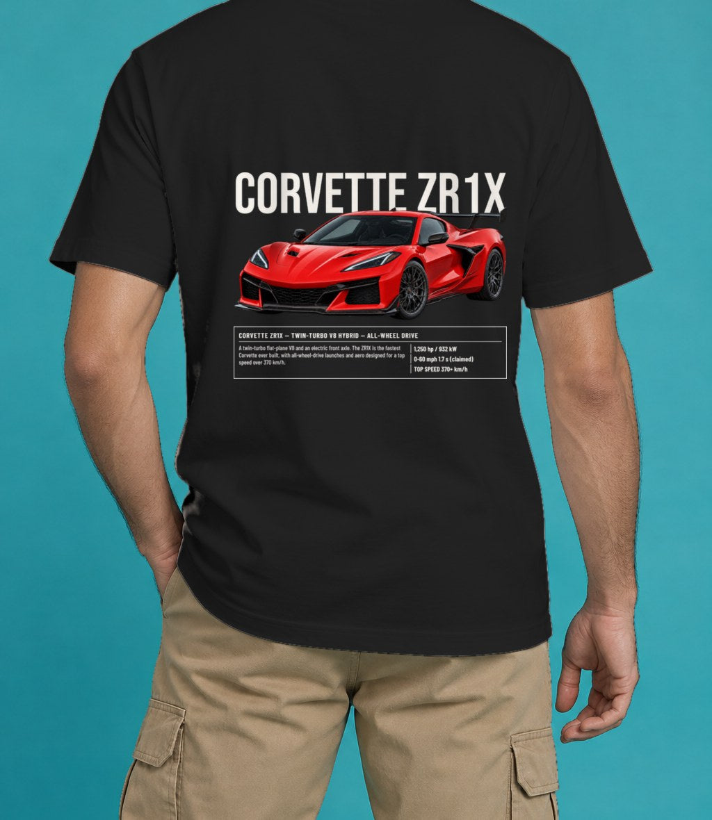 Chevrolet Corvette ZR1X T-Shirt in Black, back view, worn by a model