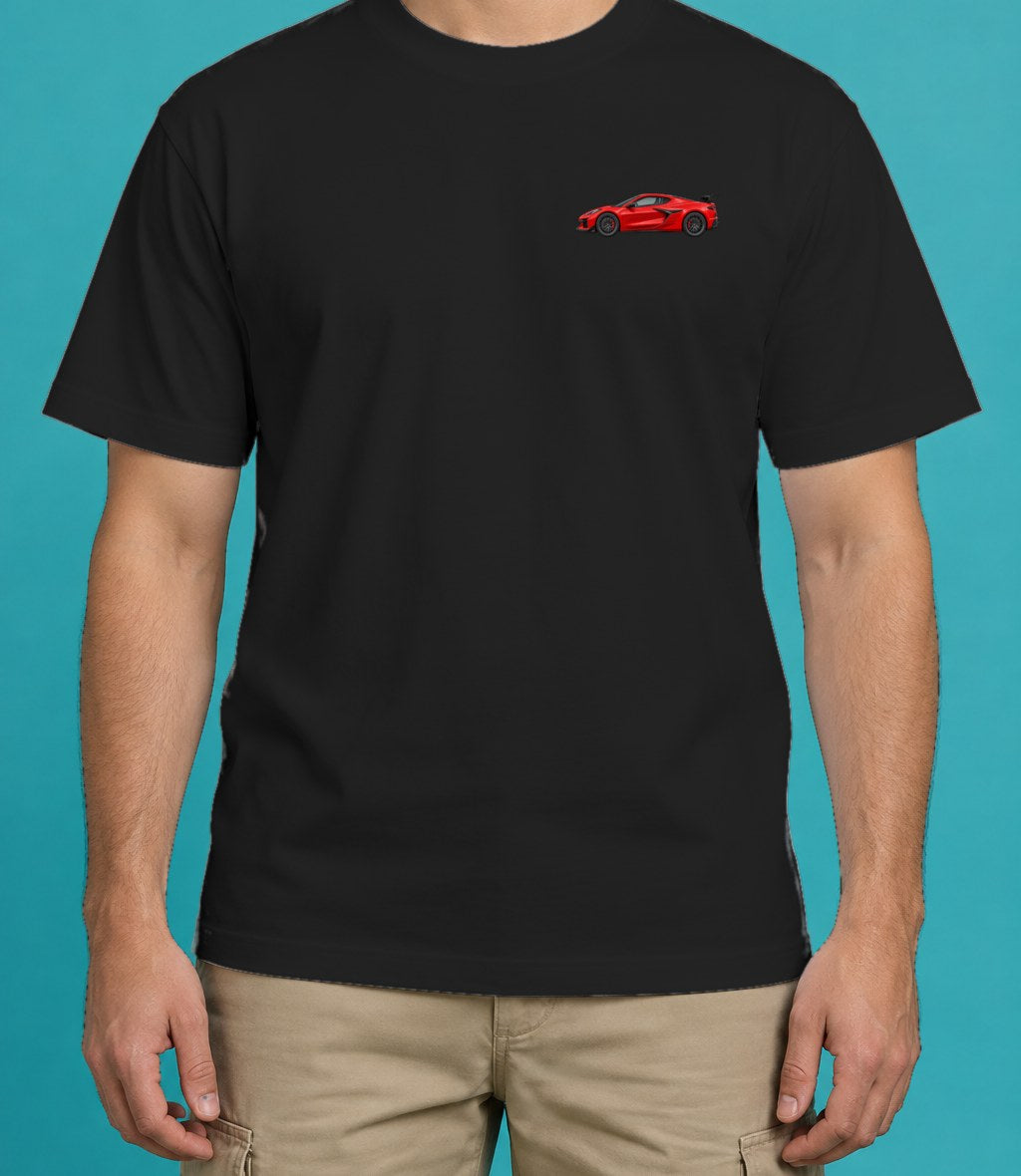 Chevrolet Corvette ZR1X T-Shirt in Black, front view, worn by a model
