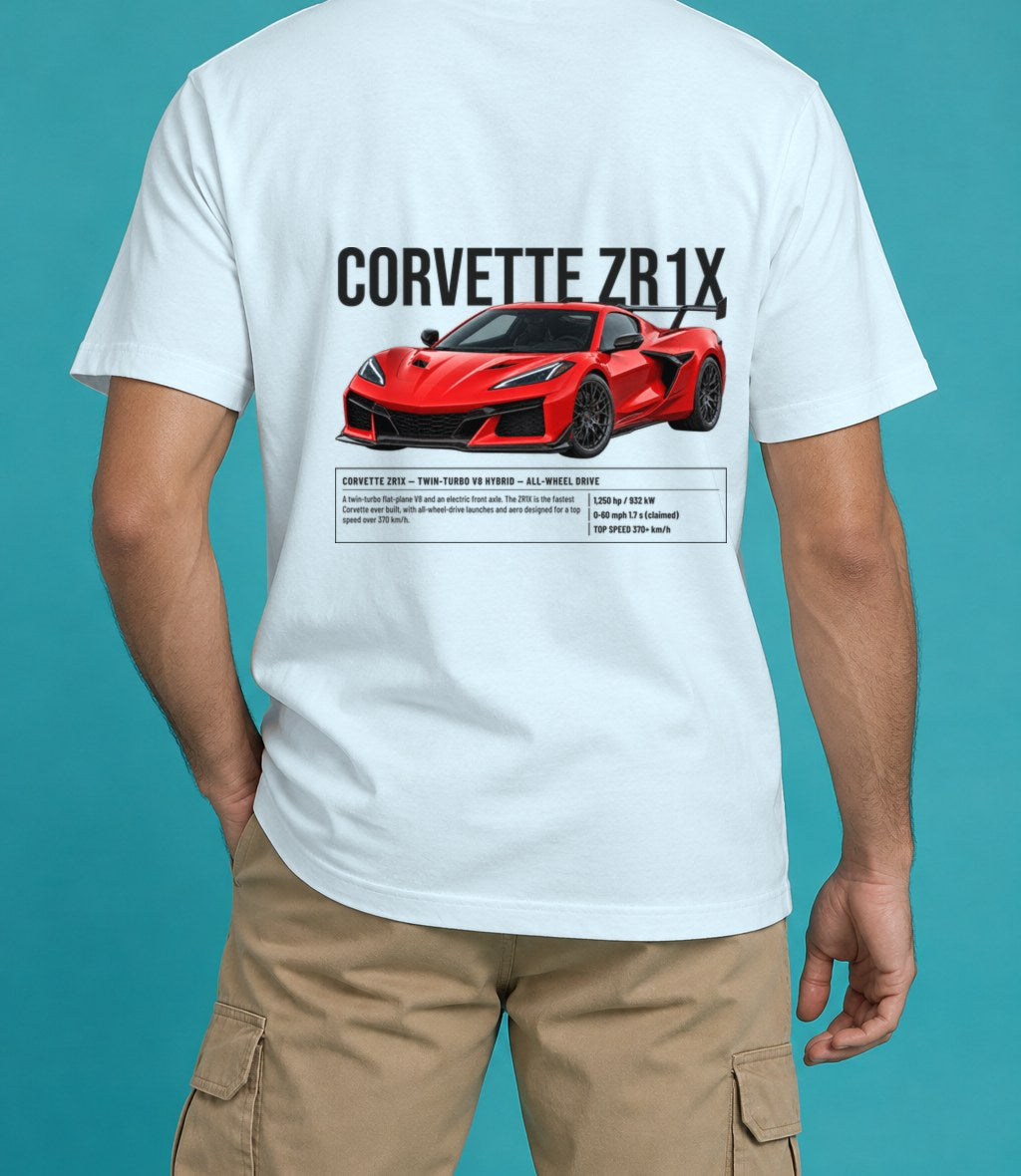 Chevrolet Corvette ZR1X T-Shirt in Chambray, back view, worn by a model