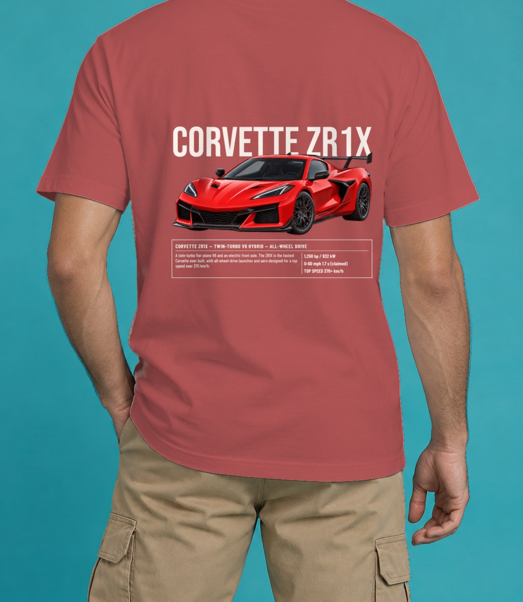 Chevrolet Corvette ZR1X T-Shirt in Crimson, back view, worn by a model