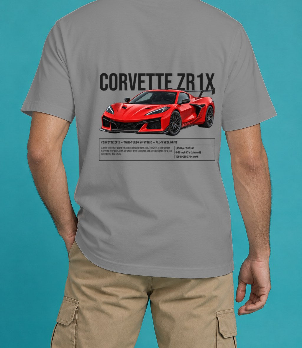 Chevrolet Corvette ZR1X T-Shirt in Grey, back view, worn by a model