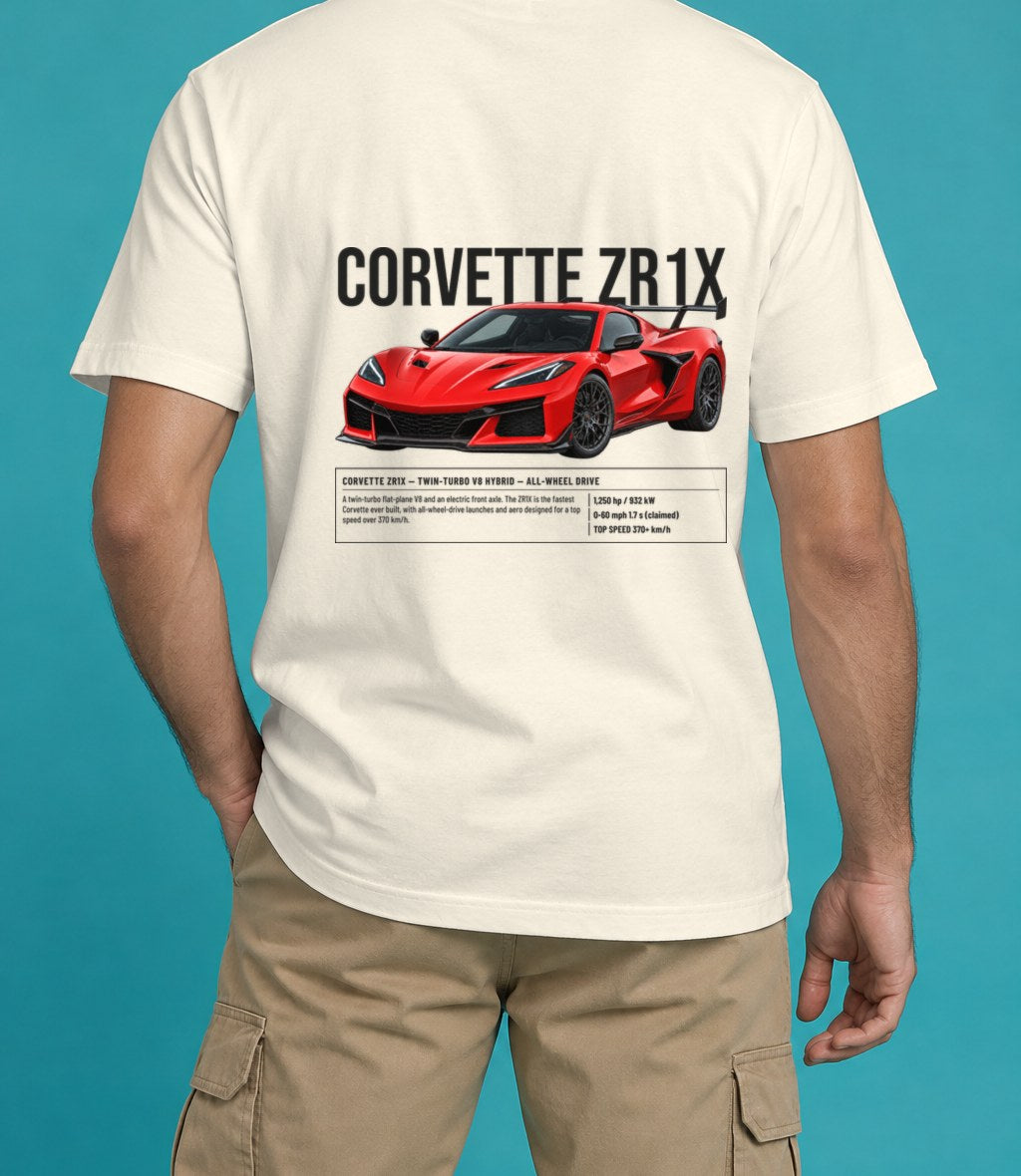 Chevrolet Corvette ZR1X T-Shirt in Ivory, back view, worn by a model