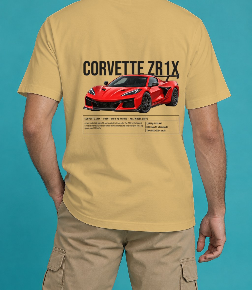 Chevrolet Corvette ZR1X T-Shirt in Mustard, back view, worn by a model