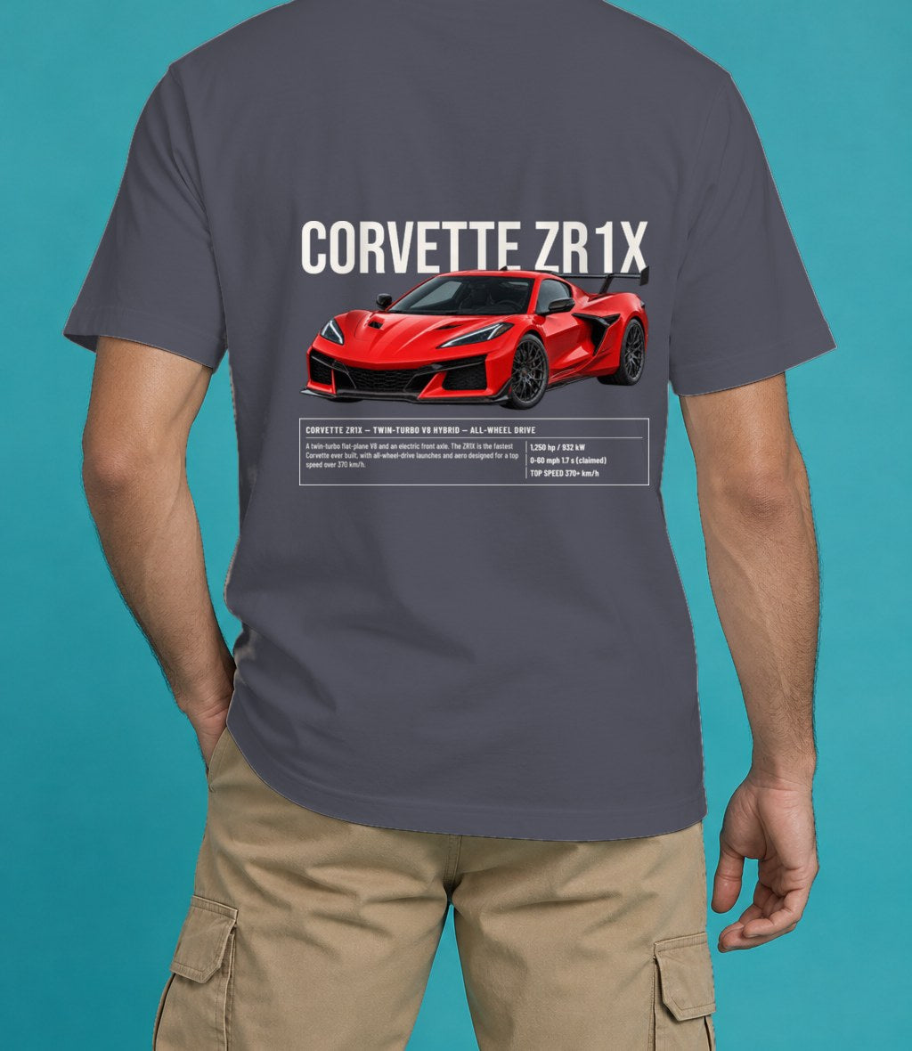 Chevrolet Corvette ZR1X T-Shirt in Navy, back view, worn by a model