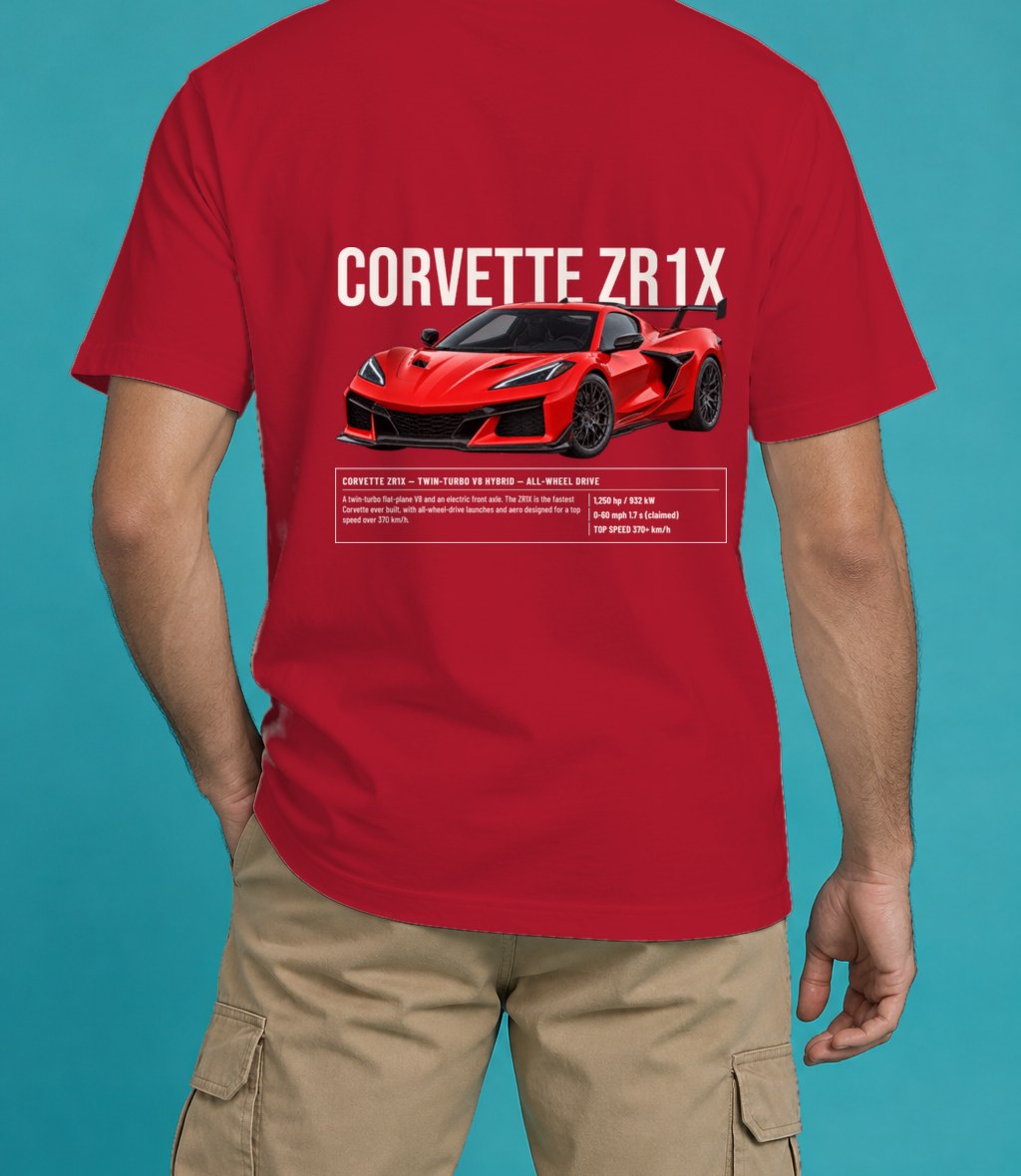 Chevrolet Corvette ZR1X T-Shirt in Red, back view, worn by a model