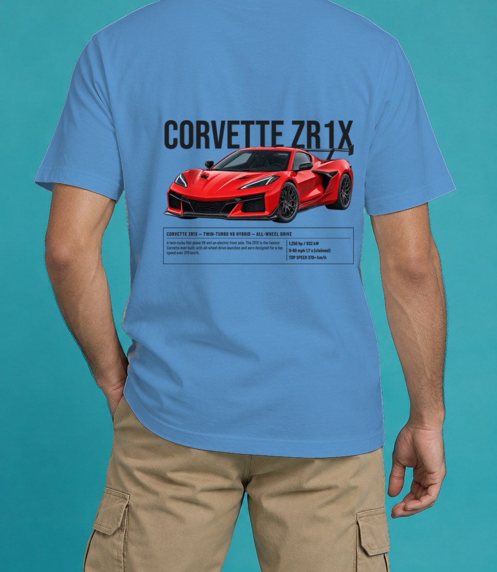 Chevrolet Corvette ZR1X T-Shirt in Royal Caribe, back view, worn by a model