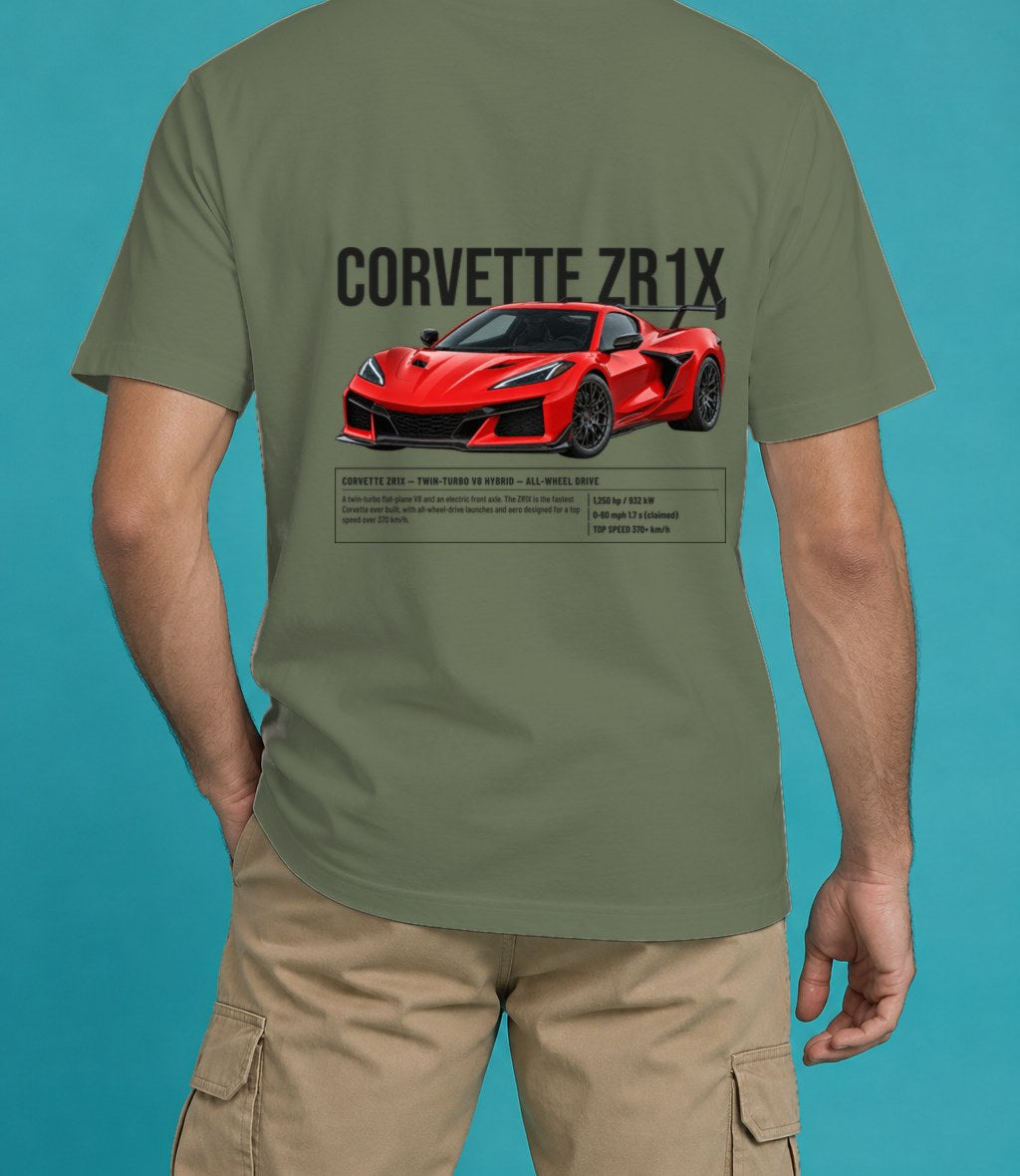 Chevrolet Corvette ZR1X T-Shirt in Sage, back view, worn by a model