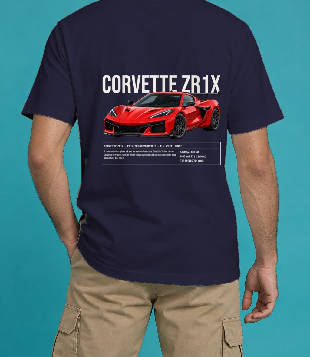 Chevrolet Corvette ZR1X T-Shirt in True Navy, back view, worn by a model
