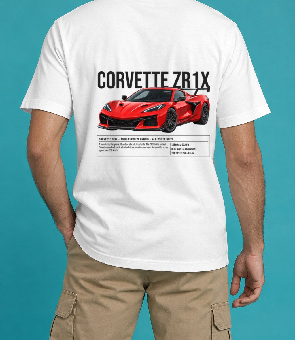 Chevrolet Corvette ZR1X T-Shirt in White, back view, worn by a model