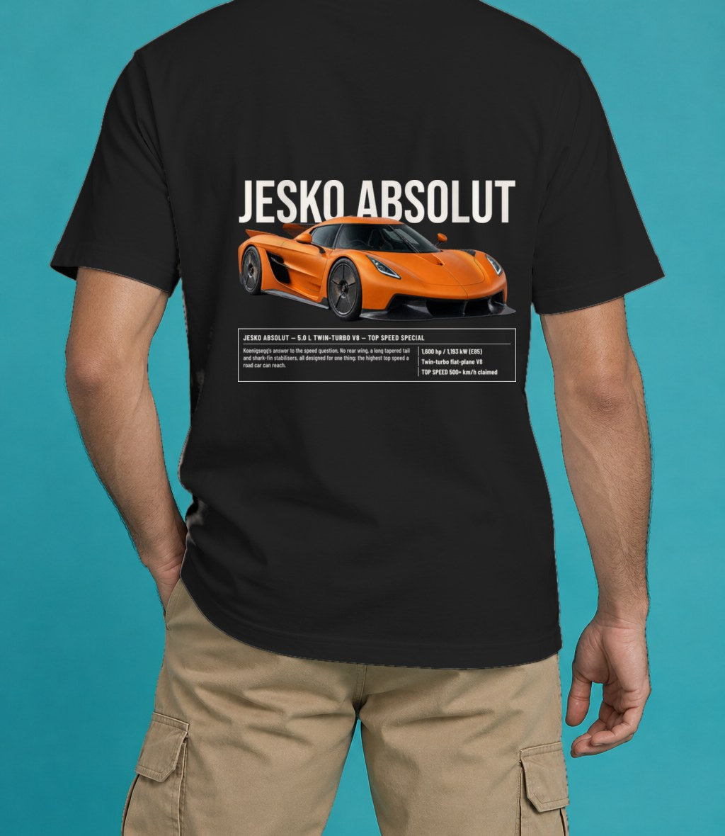 Koenigsegg Jesko Absolut T-Shirt in Black, back view, worn by a model