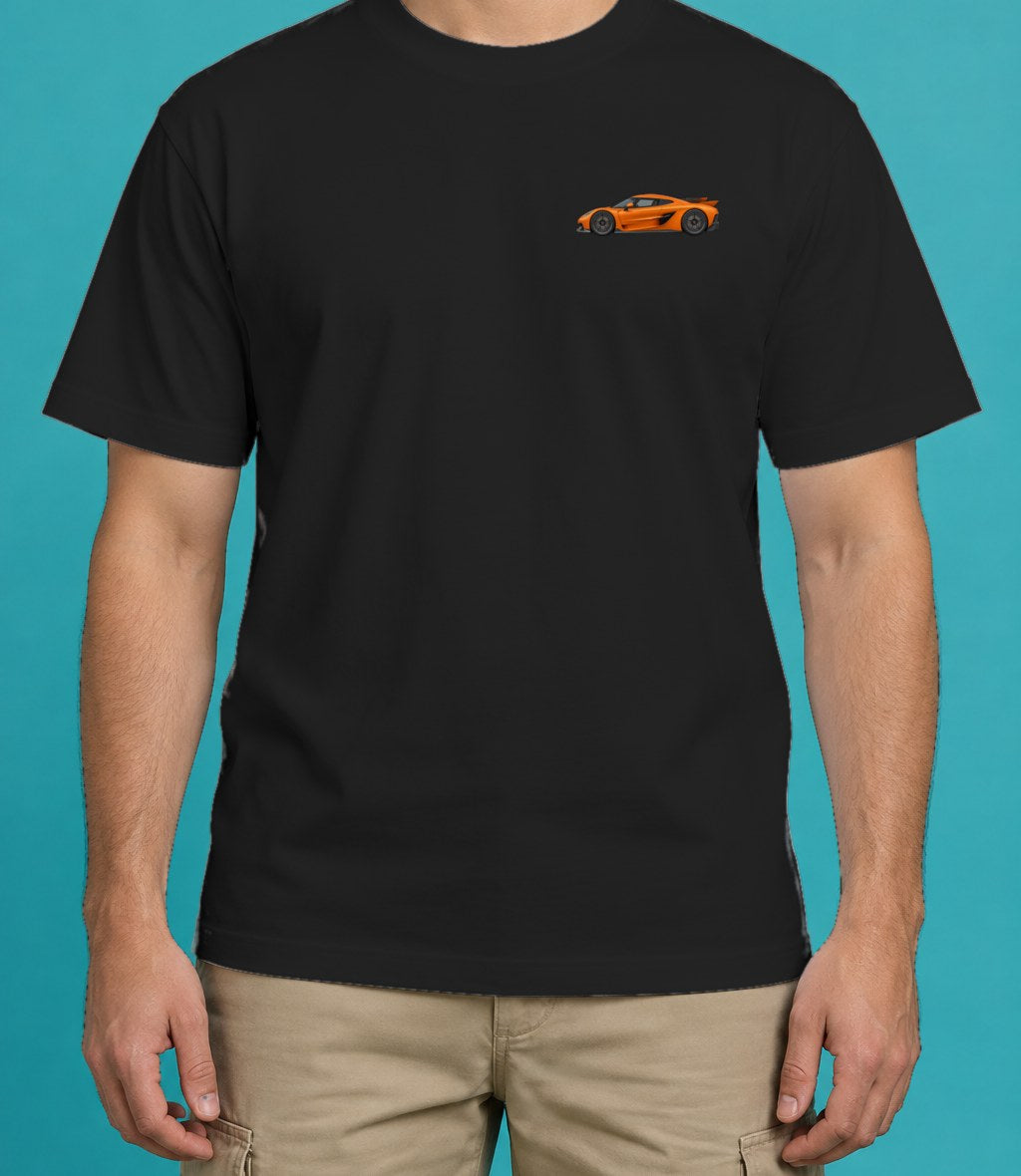Koenigsegg Jesko Absolut T-Shirt in Black, front view, worn by a model