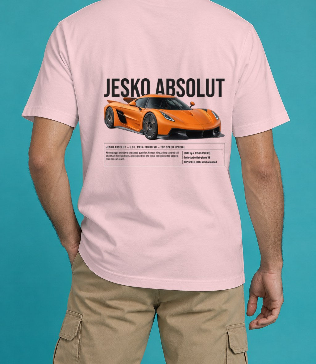 Koenigsegg Jesko Absolut T-Shirt in Blossom, back view, worn by a model