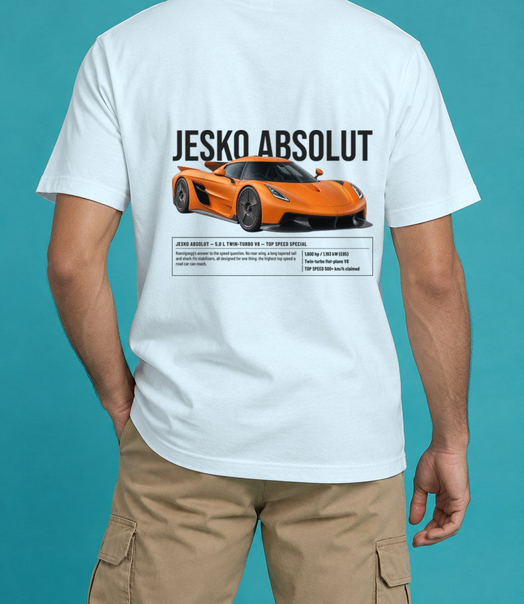 Koenigsegg Jesko Absolut T-Shirt in Chambray, back view, worn by a model