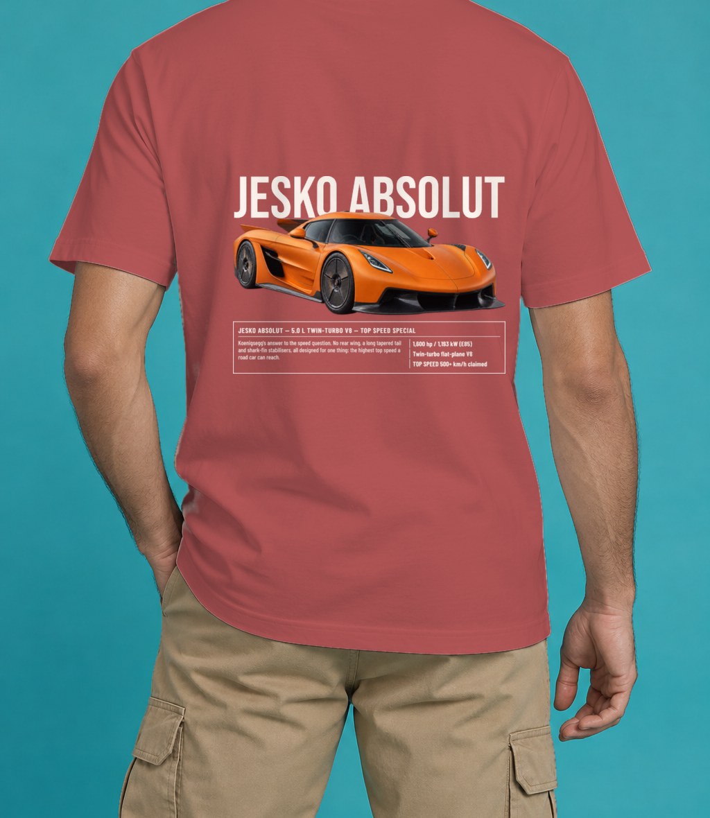 Koenigsegg Jesko Absolut T-Shirt in Crimson, back view, worn by a model