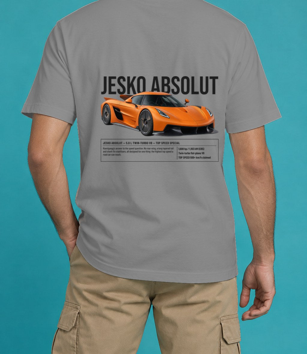Koenigsegg Jesko Absolut T-Shirt in Grey, back view, worn by a model