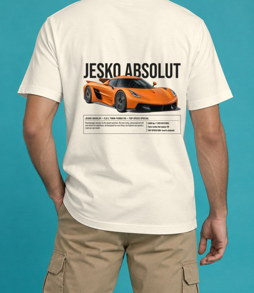 Koenigsegg Jesko Absolut T-Shirt in Ivory, back view, worn by a model