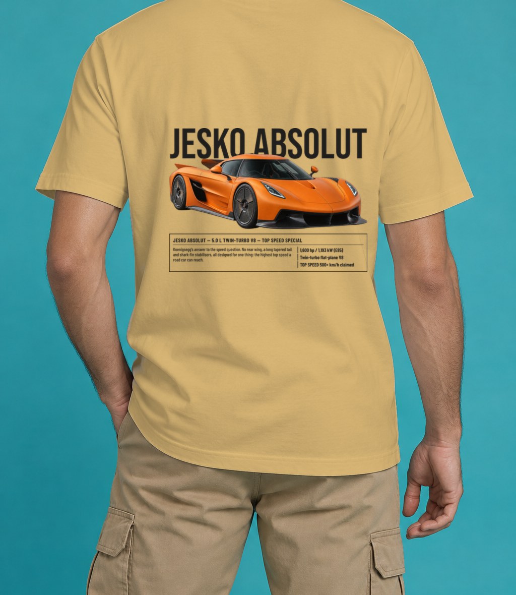 Koenigsegg Jesko Absolut T-Shirt in Mustard, back view, worn by a model