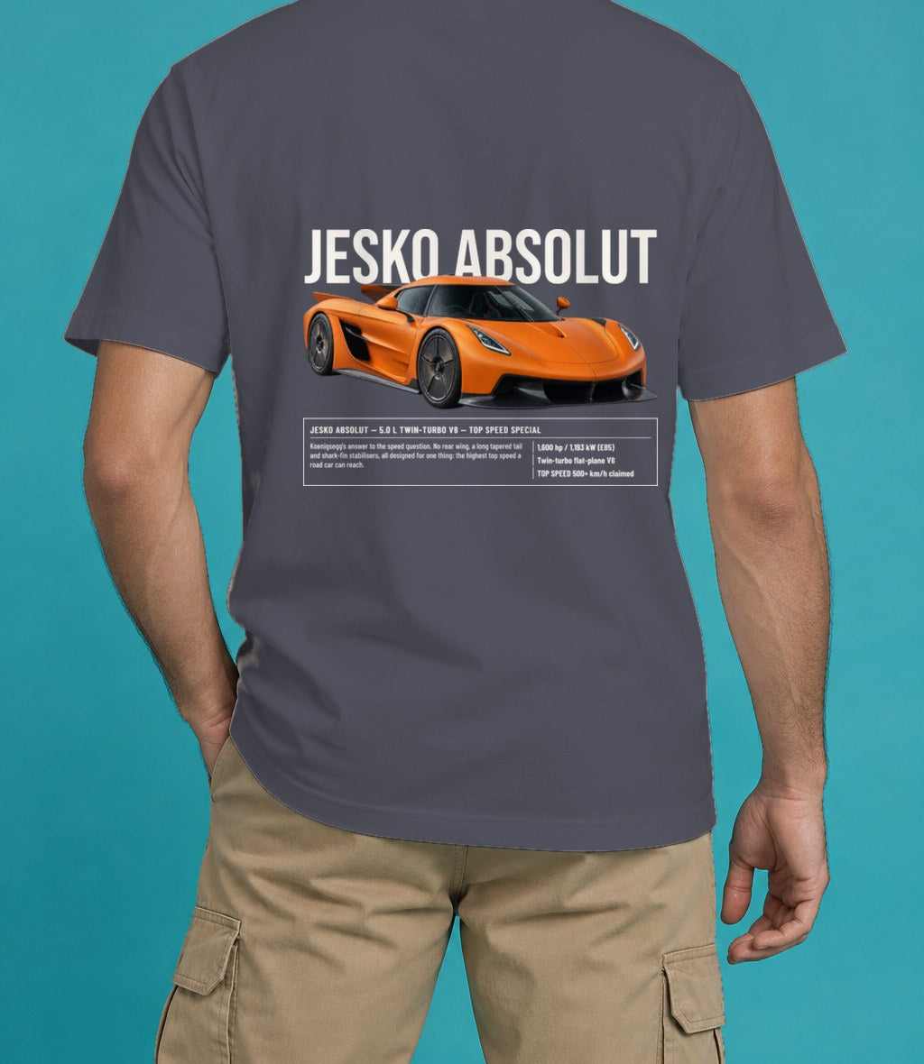 Koenigsegg Jesko Absolut T-Shirt in Navy, back view, worn by a model
