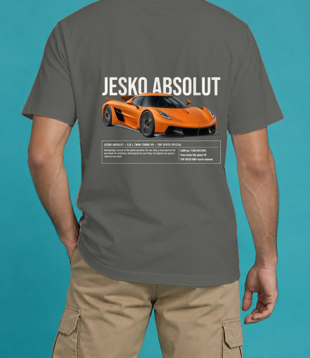 Koenigsegg Jesko Absolut T-Shirt in Pepper, back view, worn by a model