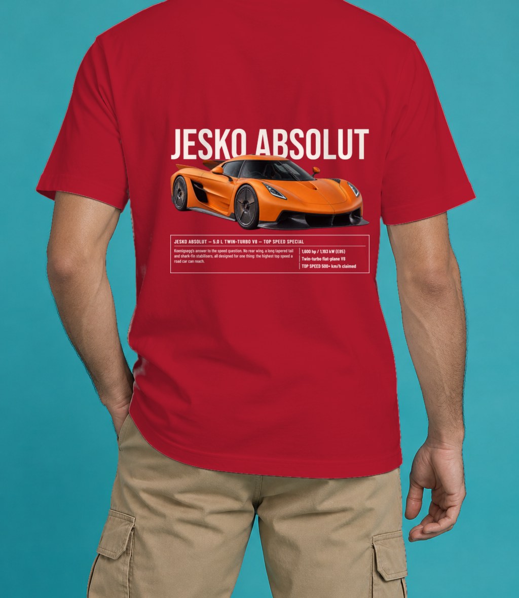 Koenigsegg Jesko Absolut T-Shirt in Red, back view, worn by a model