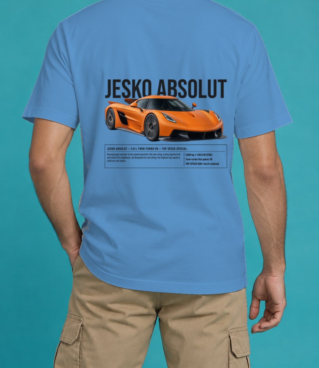 Koenigsegg Jesko Absolut T-Shirt in Royal Caribe, back view, worn by a model