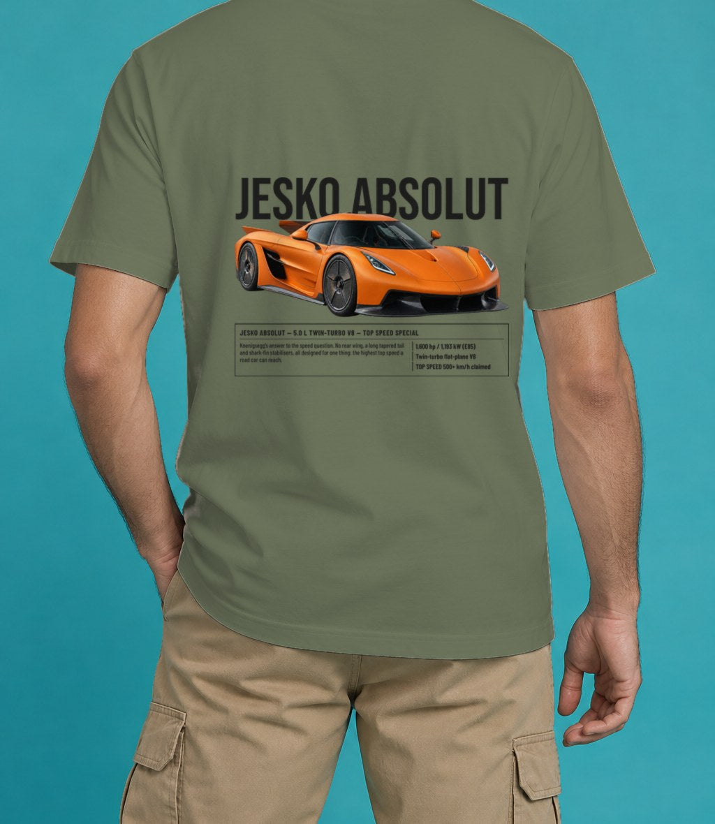 Koenigsegg Jesko Absolut T-Shirt in Sage, back view, worn by a model