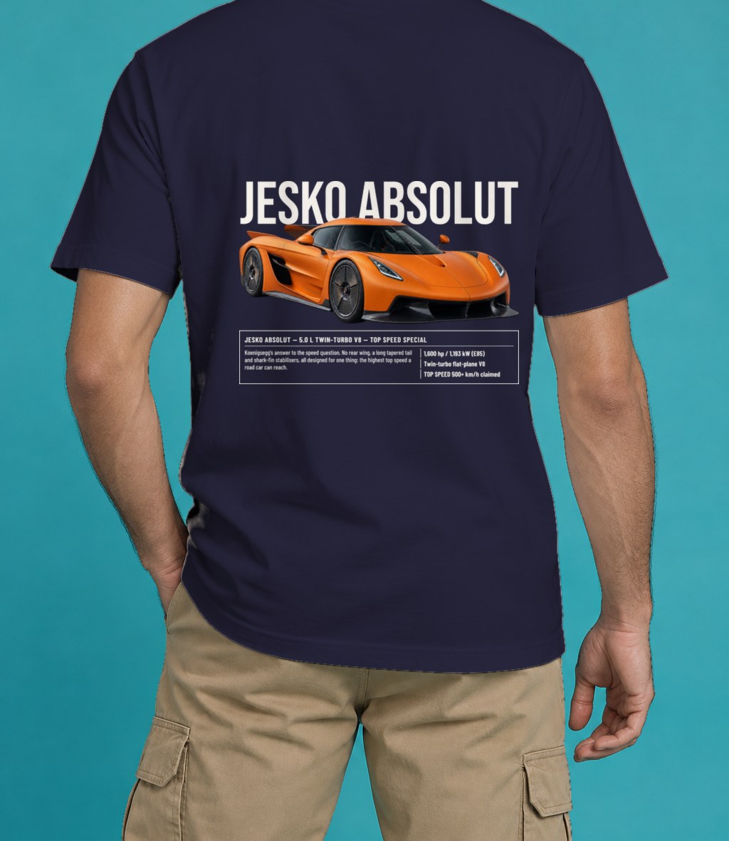 Koenigsegg Jesko Absolut T-Shirt in True Navy, back view, worn by a model