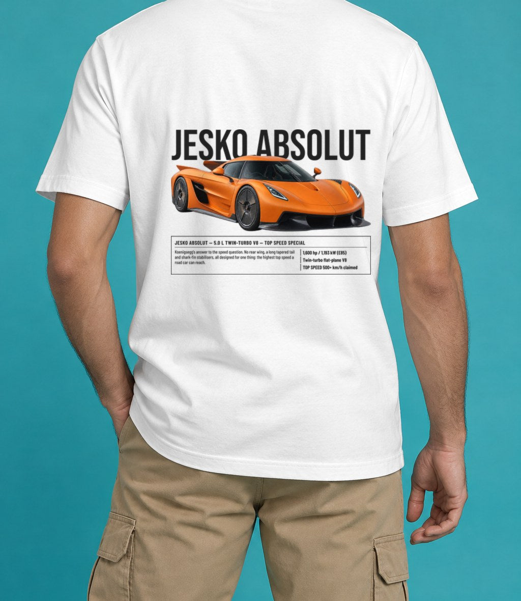 Koenigsegg Jesko Absolut T-Shirt in White, back view, worn by a model
