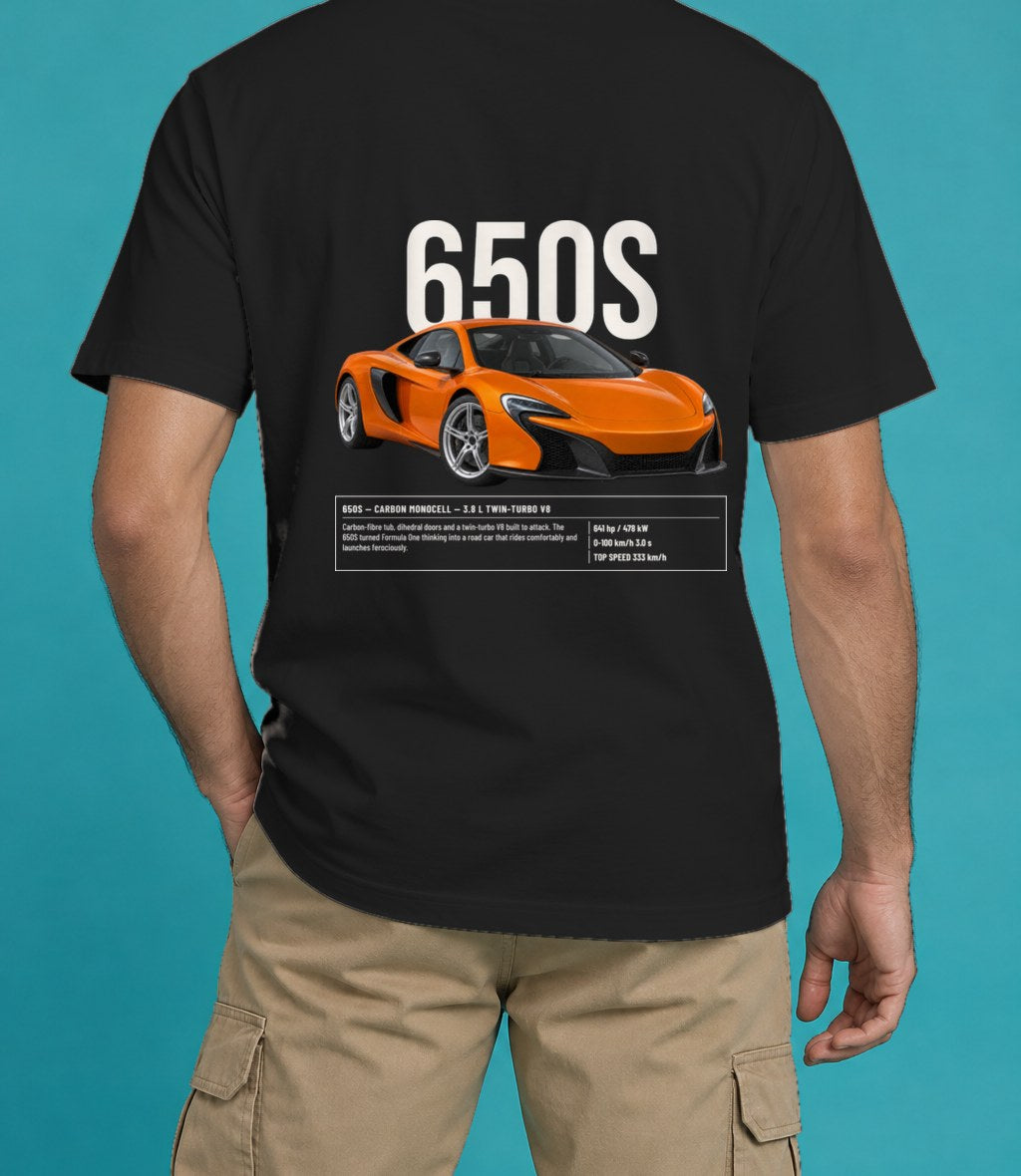 McLaren 650S T-Shirt in Black, back view, worn by a model