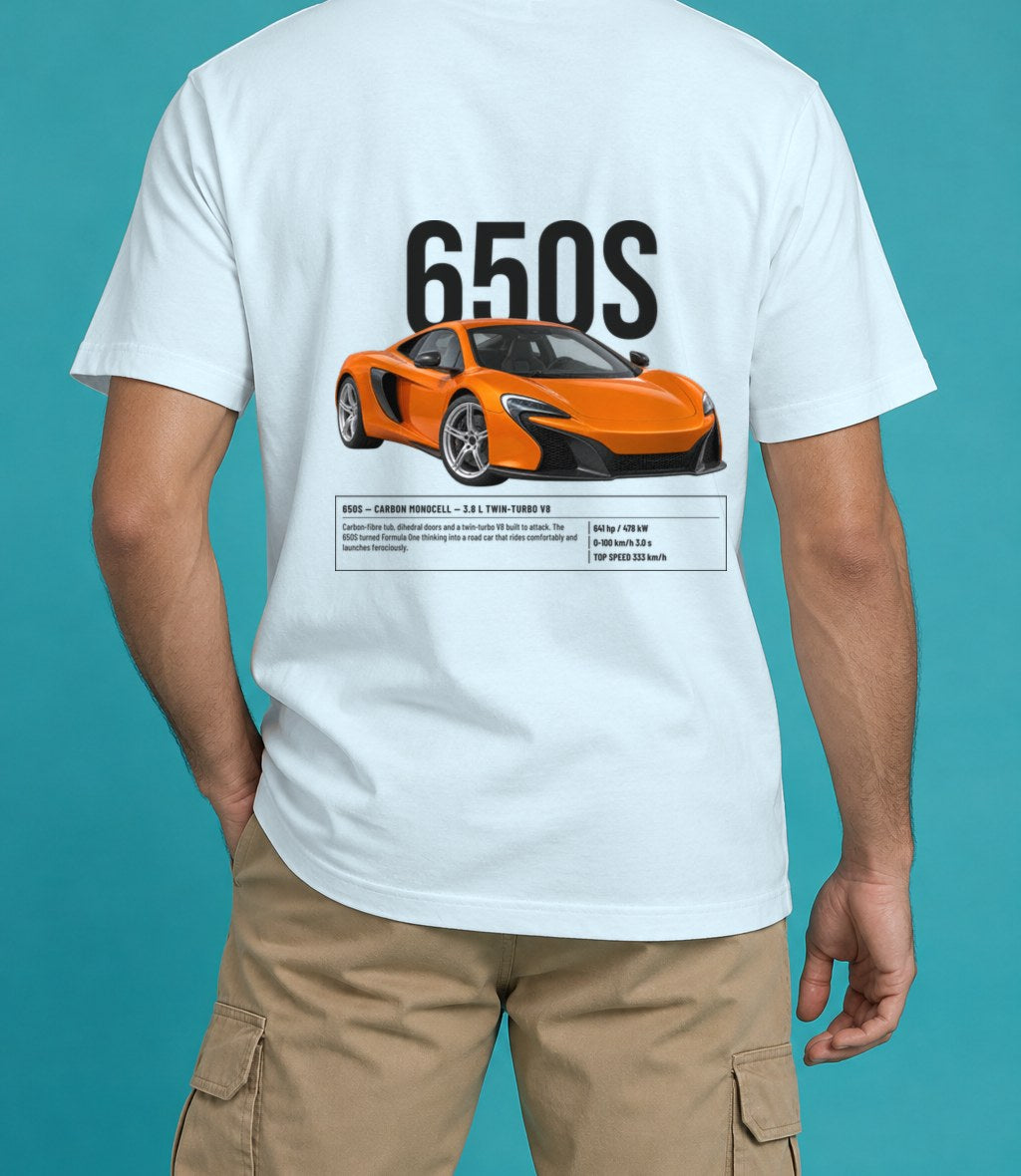 McLaren 650S T-Shirt in Chambray, back view, worn by a model