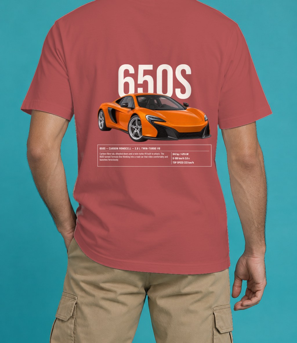 McLaren 650S T-Shirt in Crimson, back view, worn by a model