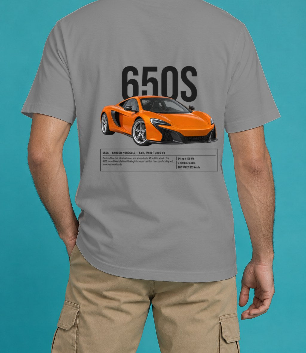 McLaren 650S T-Shirt in Grey, back view, worn by a model