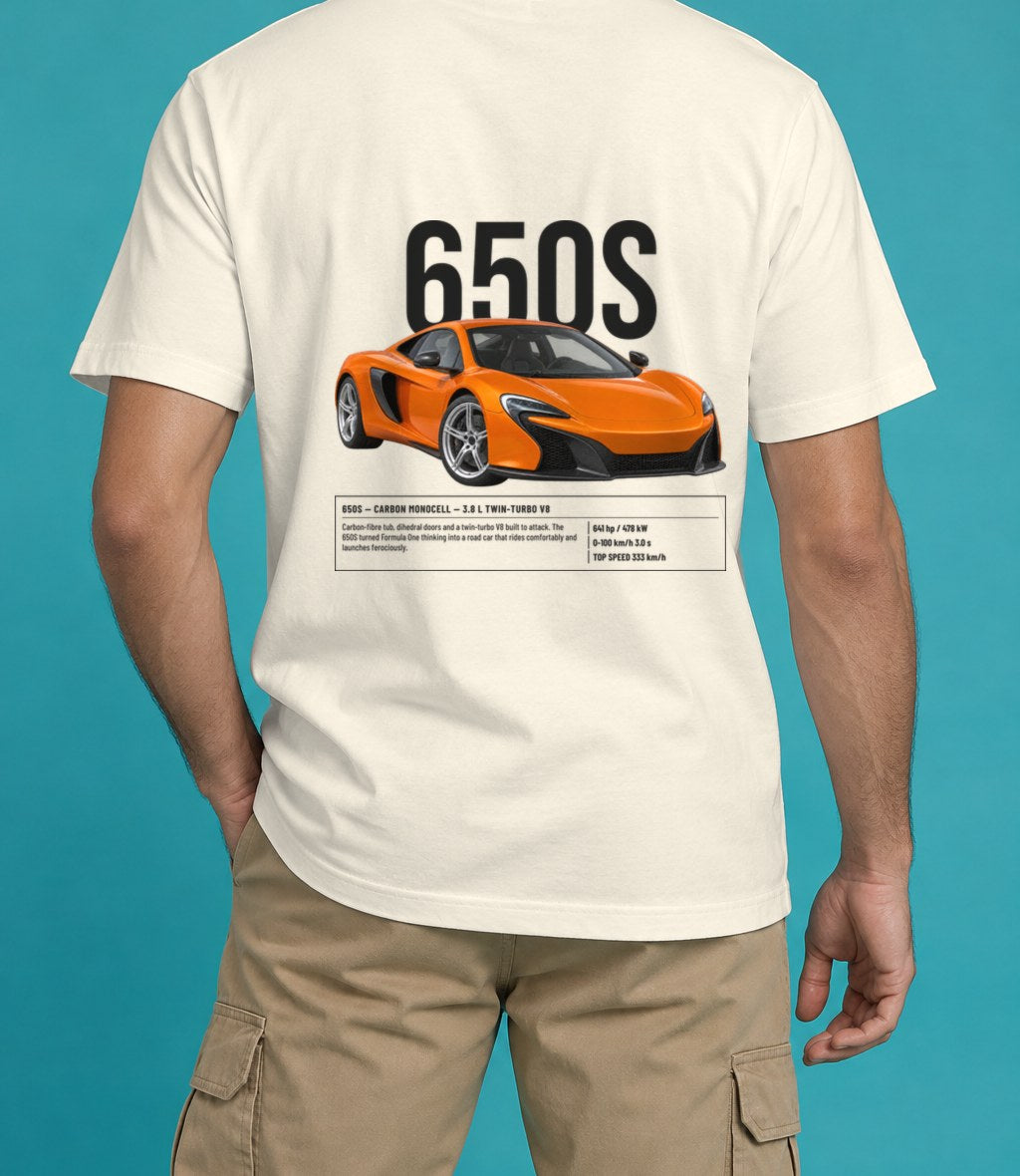 McLaren 650S T-Shirt in Ivory, back view, worn by a model