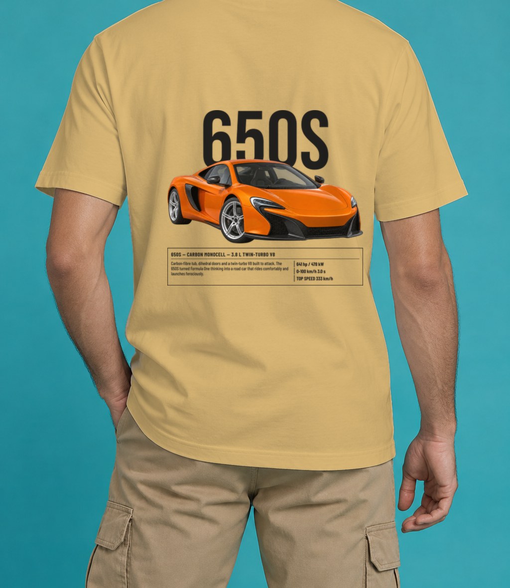 McLaren 650S T-Shirt in Mustard, back view, worn by a model