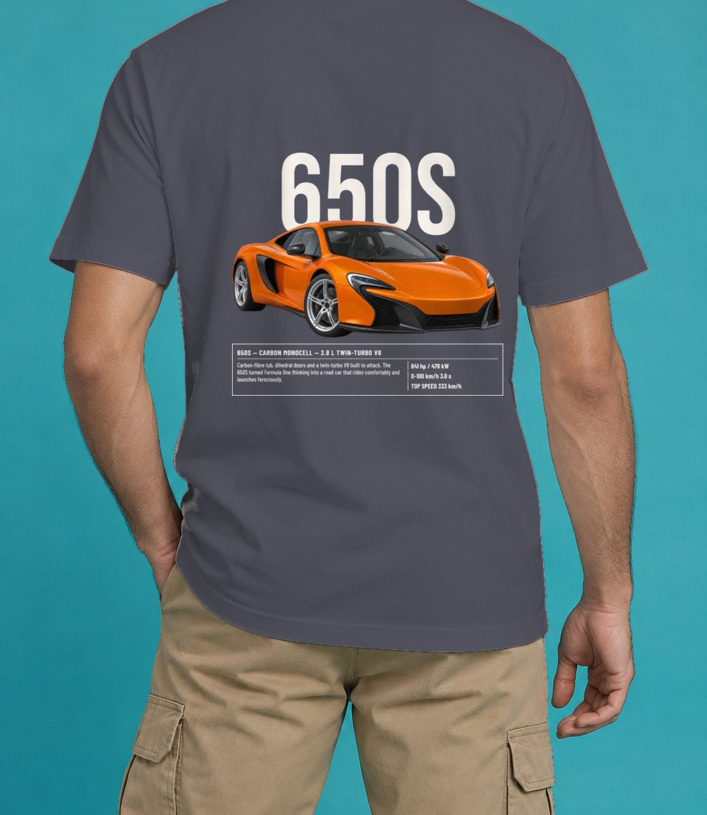 McLaren 650S T-Shirt in Navy, back view, worn by a model