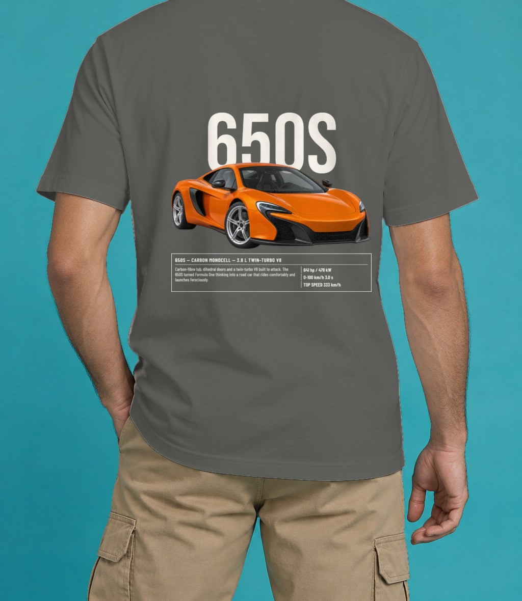 McLaren 650S T-Shirt in Pepper, back view, worn by a model